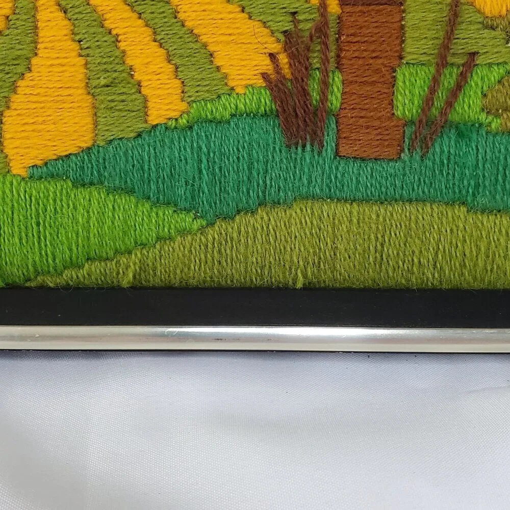 VTG 1970's Crewel Country Autumn Fall farm Scene Picture Framed Art 17”X13”